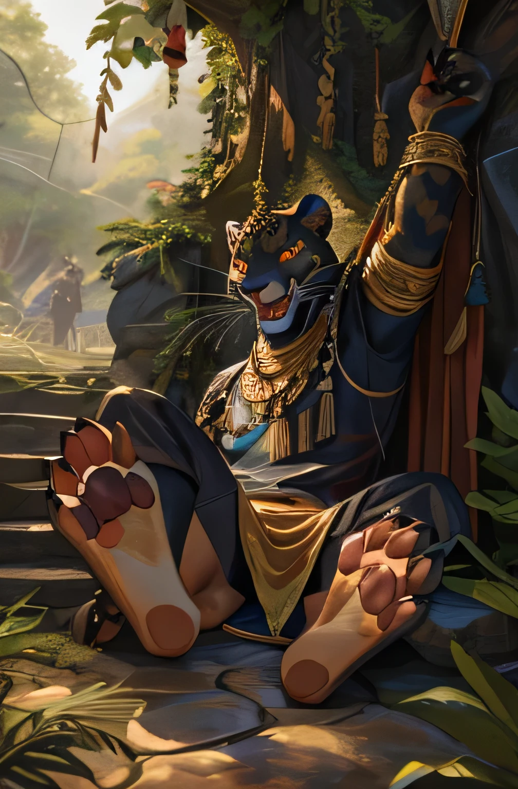 (((Barefoot furry character, full body, cinematic setting, furry male, plantigrade)))
Curare depicted as stealthy and agile ((panther)) anthro with sleek black fur and piercing amber eyes. Clad in tribal-inspired attire with dart motifs symbolizing curare's traditional use in blow darts. The figure sitting barefoot in a dense rainforest setting, surrounded by vines and exotic plants like Strychnos toxifera, used in curare preparation by indigenous tribes.
(((nice feet paws, soles with pawpads))), (((hypnotised, glowing eyes, drooling, open mouth)))
BREAK, detailed background, 8K, (masterpiece:1.5), intricate details, highly detailed, extreme detail, octane render, fine art, best quality, highres, (detailed face:1.5), ((full_body)), UHD, (((perfect hands))), low light