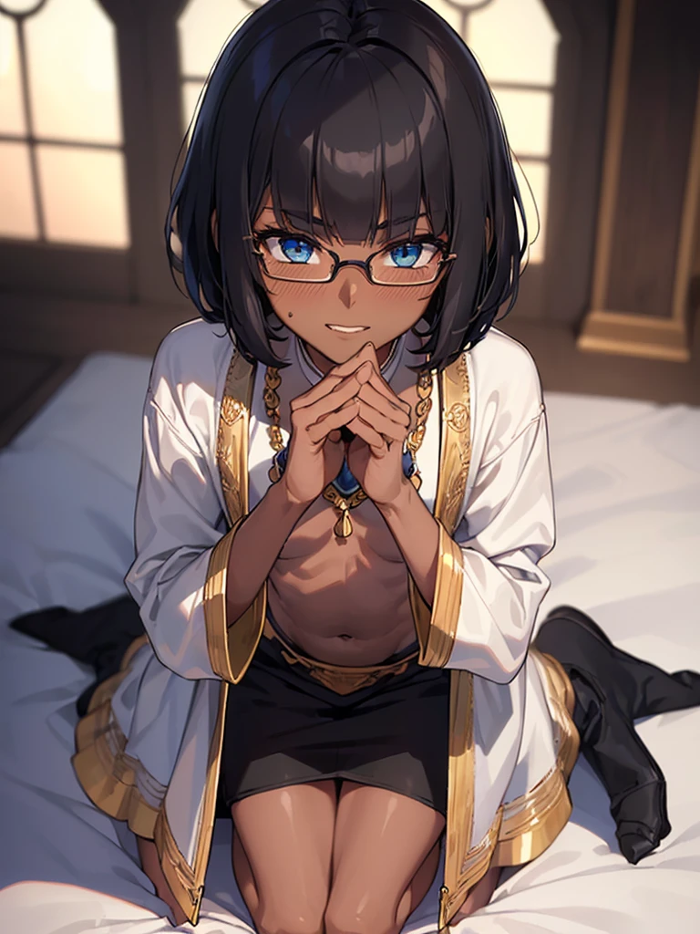 (1 boy20 years old solo:1.4),(flat chest),(dark skin:1.7), (masterpiece:1.2), highest quality, High resolution, unity 8k wallpaper, (fine and beautiful eyes:1.6), highly detailed face, perfect lighting, Detailed CG, (perfect hands, perfect anatomy), detailed eyes, best quality, extremely detailed, very precise detailed,(glasses:1.4), (blunt bangs:1.3),(arabian clothes:1.5), (very short pixie cut:1.2), (evil smile),(blush),(kneeling:1.3),midrrif