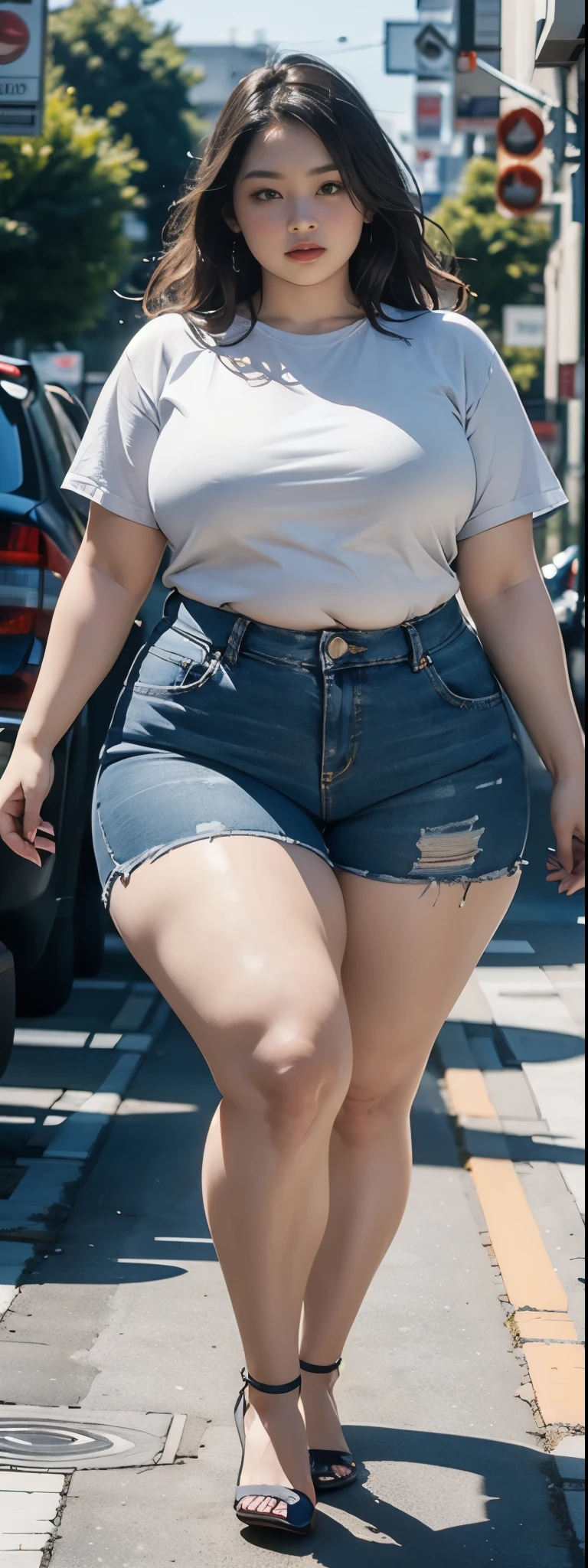((best quality)), ((masterpiece)), (detailed), malay woman, perfect face, araffe woman in a dark-blue shirt and blue denim skirt walking down a street, thicc, she has a jiggly fat round belly, bbwchan, wearing tight simple clothes, skinny waist and thick hips, widest hips, her belly is fat and round, soft curvy shape, hyperrealistic full figure, wearing a cute top, wide hips