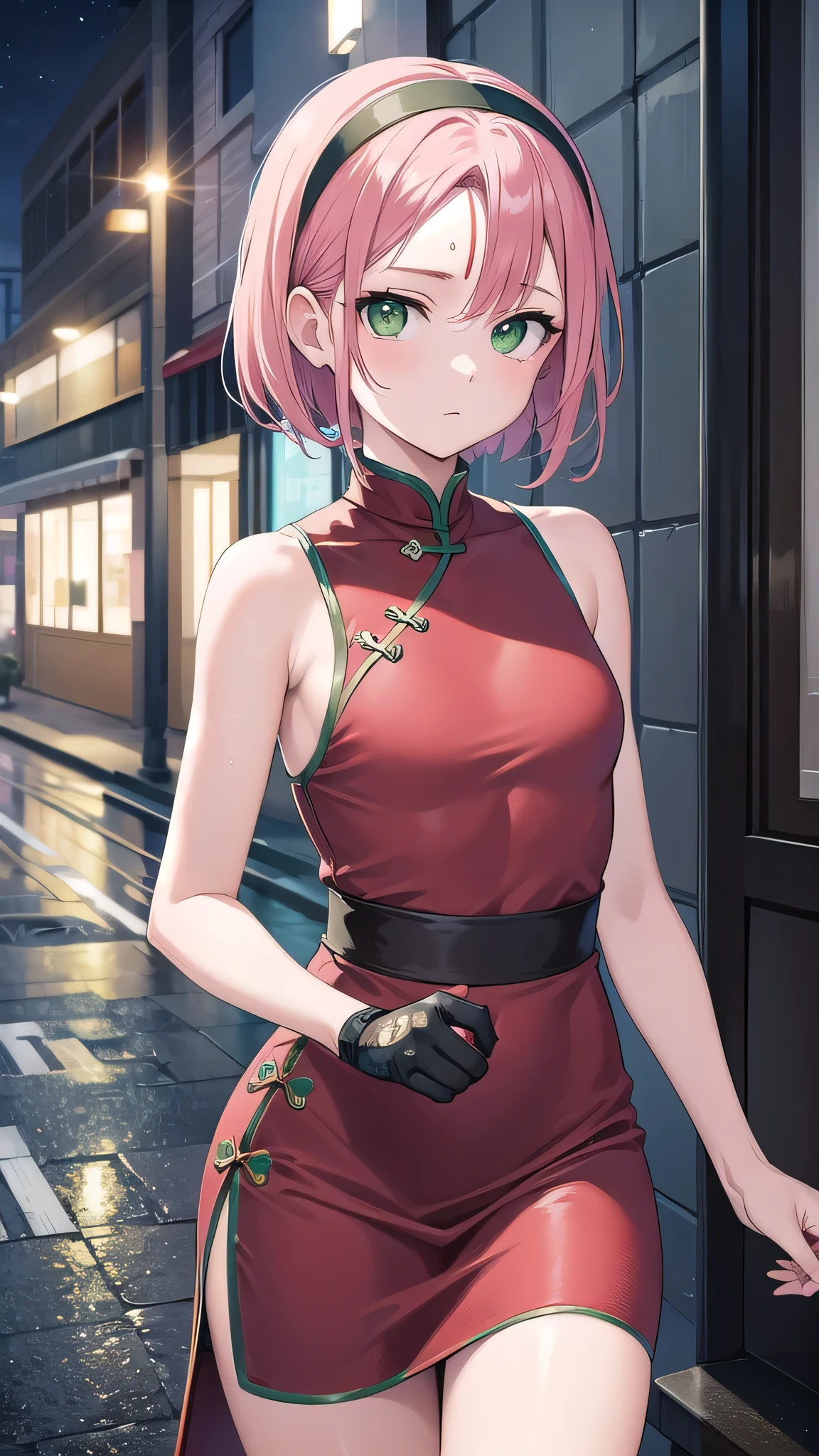 sakuraharuno, sakura haruno, short hair, bangs, (green eyes:1.5), pink hair, hairband, facial mark, (forehead mark:1.2), red hairband, (swept bangs:1.5), (small breast:1.2),
BREAK chinese clothes, dress, (red dress:1.2), short skirt, black shorts, gloves, lace gloves, sleeveless,
BREAK looking at viewer,BREAK indoors, city,on street, wet road, night, lights,reflections,BREAK (masterpiece:1.2), best quality, high resolution, unity 8k wallpaper, (illustration:0.8), (beautiful detailed eyes:1.6), extremely detailed face, perfect lighting, extremely detailed CG, (perfect hands, perfect anatomy),