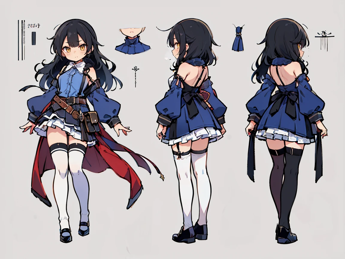 (((three-sided view, front view, side view, back view, multiple views, multiple poses and expressions, many parts)), concept art, character concept art, character sheet, Full body, illustration, (simple background, gray background), 1 character, 1girl, fantasy art:1.1), (hui xiyi:0.7), rekkyo sensen, rekkyou sensen, girls with((black hair, bangs, (one side up, long wavy hair, ribbon:1.55), perfect hands, perfect fingers, (exposed breasts, tits cleavage, breasts close up:1.2), dress((suspenders, dress, belt, nun:1.15), (blue clothes, frills shirt, no sleeves, sleeveless, frills dress, frills skirt, wind blowing dress, long sleeves, (white legwear:1.55), thighhighs, single thighhighs, single legwear, black footwear, strap shoes:1.42))