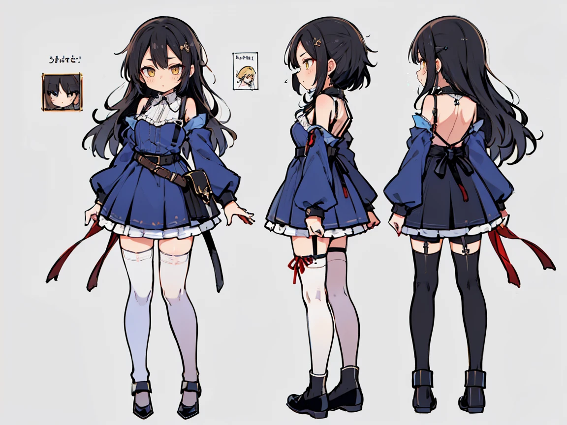 (((three-sided view, front view, side view, back view, multiple views, multiple poses and expressions, many parts)), concept art, character concept art, character sheet, Full body, illustration, (simple background, gray background), 1 character, 1girl, fantasy art:1.1), (hui xiyi:0.7), rekkyo sensen, rekkyou sensen, girls with((black hair, bangs, (one side up, long wavy hair, ribbon:1.55), perfect hands, perfect fingers, (exposed breasts, tits cleavage, breasts close up:1.2), dress((suspenders, dress, belt, nun:1.15), (blue clothes, frills shirt, no sleeves, sleeveless, frills dress, frills skirt, wind blowing dress, long sleeves, (white legwear:1.55), thighhighs, single thighhighs, single legwear, black footwear, strap shoes:1.42))
