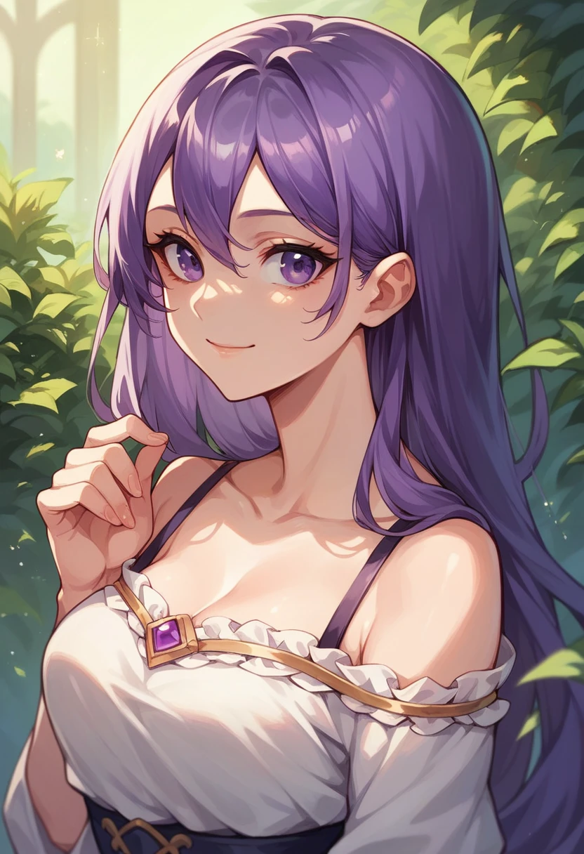 best quality, high quality, a cute girl, solo, beautiful purple hair, beautiful purple eyes, light smile,