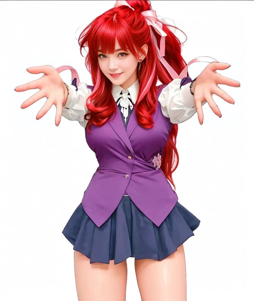 1girl, red hair girl, long hair,blunt bangs, red eyes, smiling, reaching out hand, white tie side bikini, detailed eyes, detailed lips, photorealistic, highly detailed, intricate details, studio lighting, beautiful colors, warm lighting, dynamic pose, cinematic, elegant, graceful, pink hair ribbon