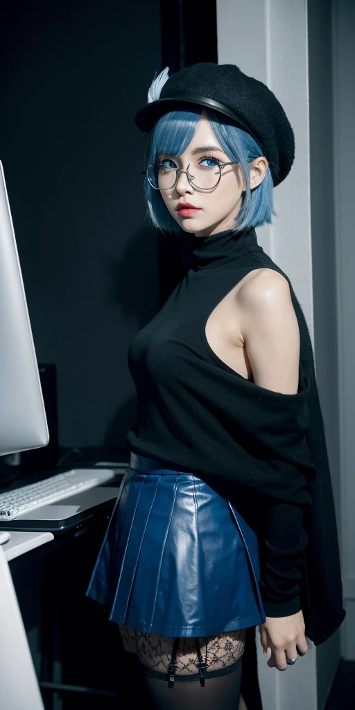 1girl, lillaevil, blue hair, blue eyes, short hair, black capelet, skirt, white pantyhose, blue demon wings, blue-tinted eyewear, mini hat,, indoors, hideout, many computer monitors, phantom thief hideout,, , 