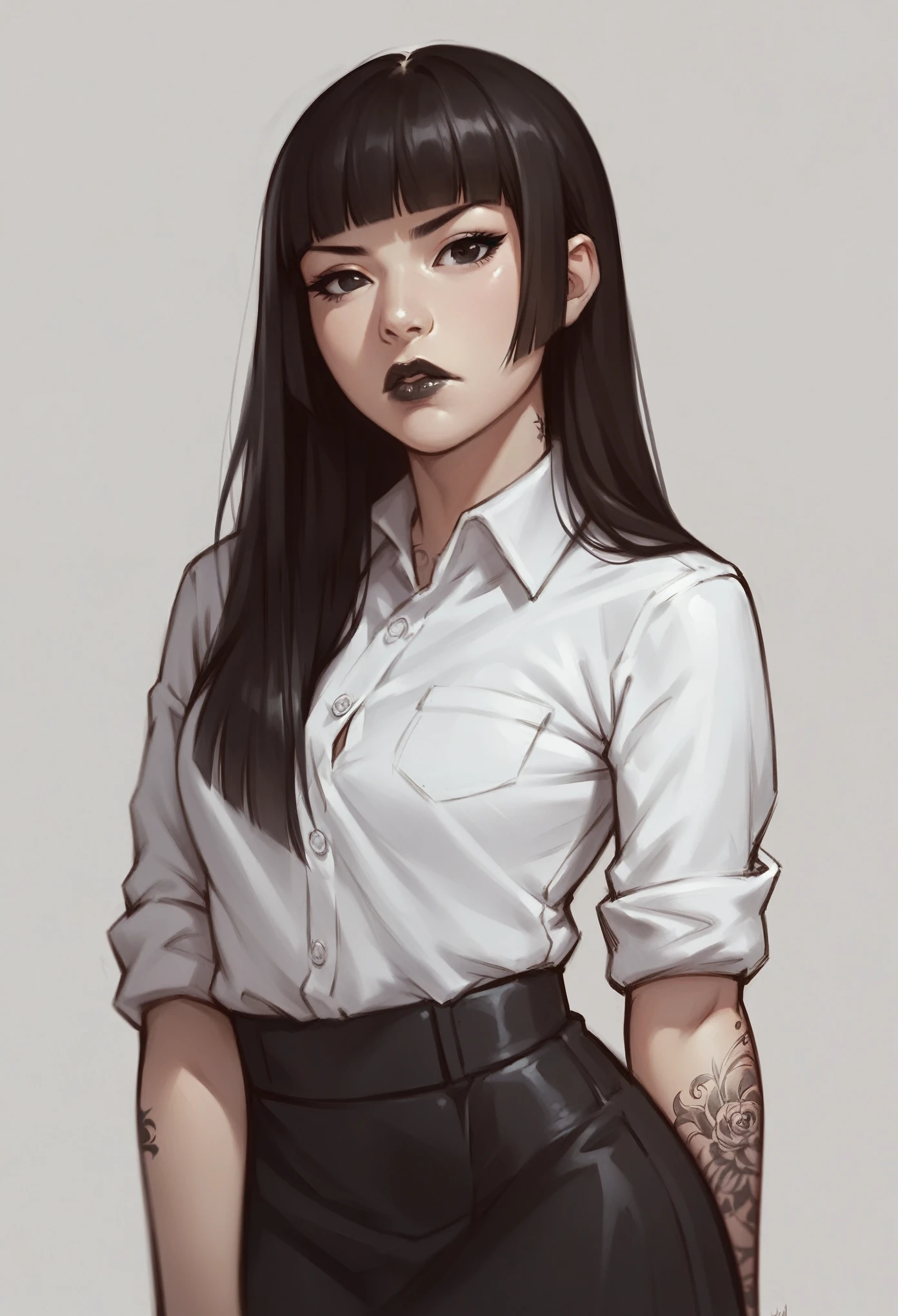 score_9, score_8_up, score_7_up, 1girl, sketch, detailed background, Asian, white shirt, black skirt, rolled up sleeves, sunny, lovely, hime cut hair, scowl, black lips, black eyes, tattoos
