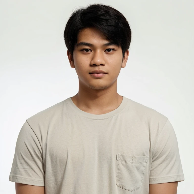 A portrait of a 20-year-old slightly chubby Indonesian man wearing casual clothes, such as a plain T-shirt or casual shirt, with a plain white background. The man has black hair, a neutral expression, and is looking directly at the camera. The skin color reflects the typical Indonesian features. The photo should be bright, clear, and in portrait orientation.