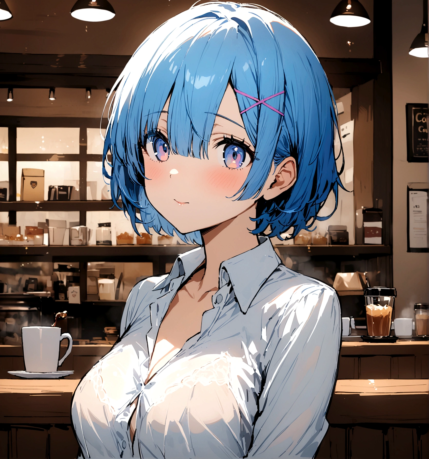 masterpiece, Highest quality, Rem, One Girl, lingerie,Beautiful Eyes,Blue Hair,Upper Body,Inside the coffee shop,White collar shirt