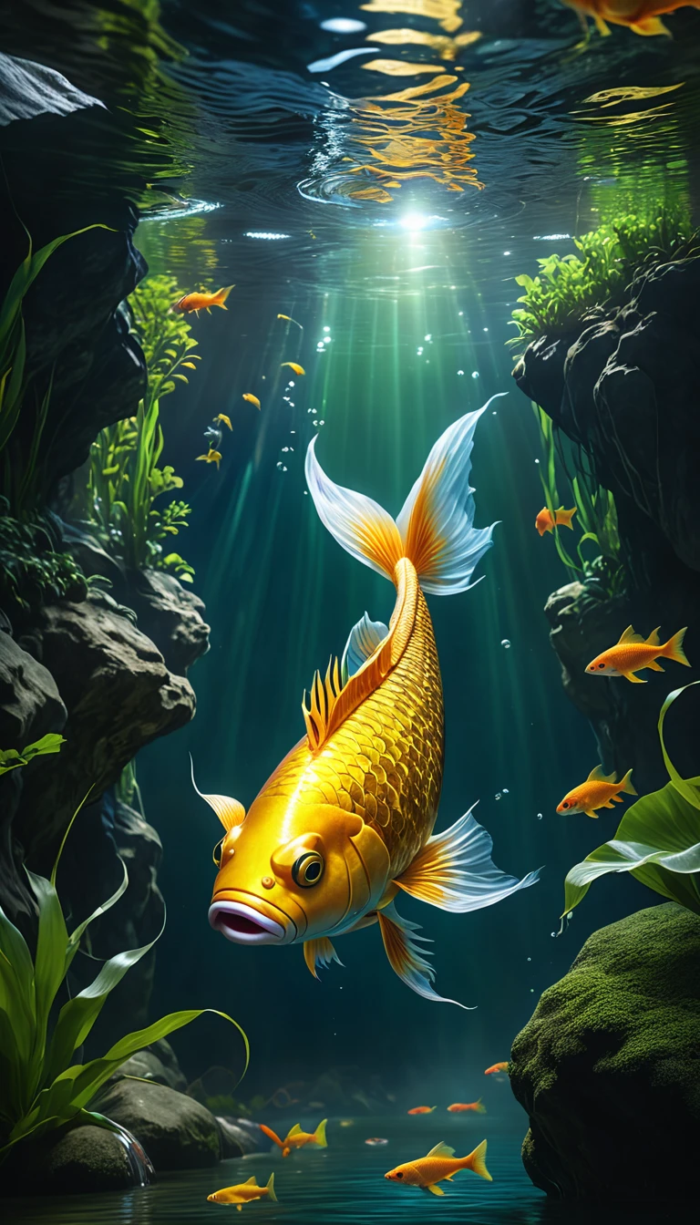 Mythical creatures in Shan Hai Jing,A fish with a human face swimming in the river,Highly detailed,4K,8K,high resolution,masterpiece,Ultra Detailed,lifelike,Photo Realism,照片lifelike,Extremely detailed animals,Complex patterns,The Illumination of Reality,Fantasy creature composition