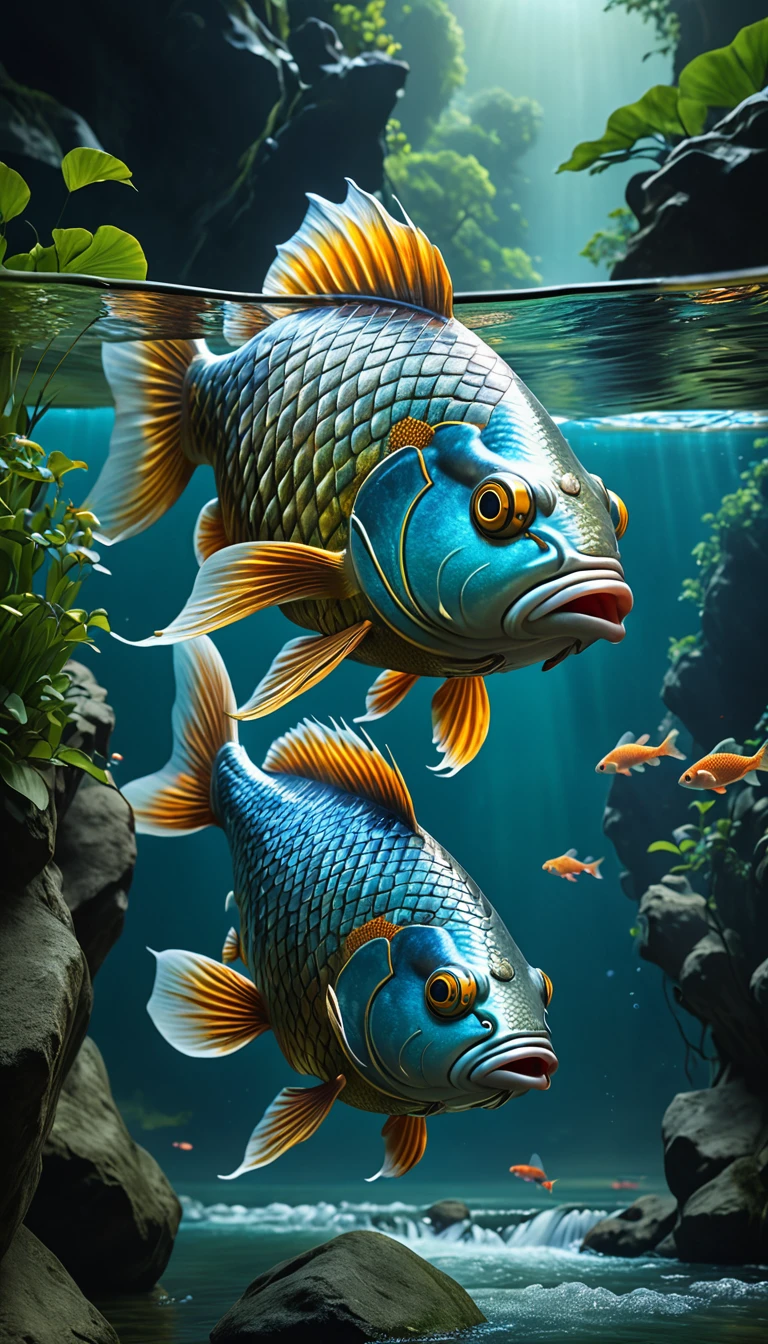 Mythical creatures in Shan Hai Jing,A fish with a human face swimming in the river,Highly detailed,4K,8K,high resolution,masterpiece,Ultra Detailed,lifelike,Photo Realism,照片lifelike,Extremely detailed animals,Complex patterns,The Illumination of Reality,Fantasy creature composition