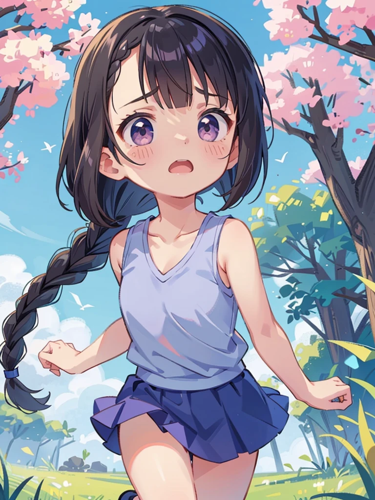 Highest quality、High resolution、Detailed Background、(Beautiful face in every detail:1.4)、Anatomically correct、(Detailed facial expressions)、(fine grain:1.2)、Teenage Beauty、Cute hair color、Braided Ponytail、Braided bob cut、Braided twin tails、Lower grade primary school students, (Tank top、Vneck、mini skirt)、Perfect body line、To be startled by something and run away、I am going to cry、