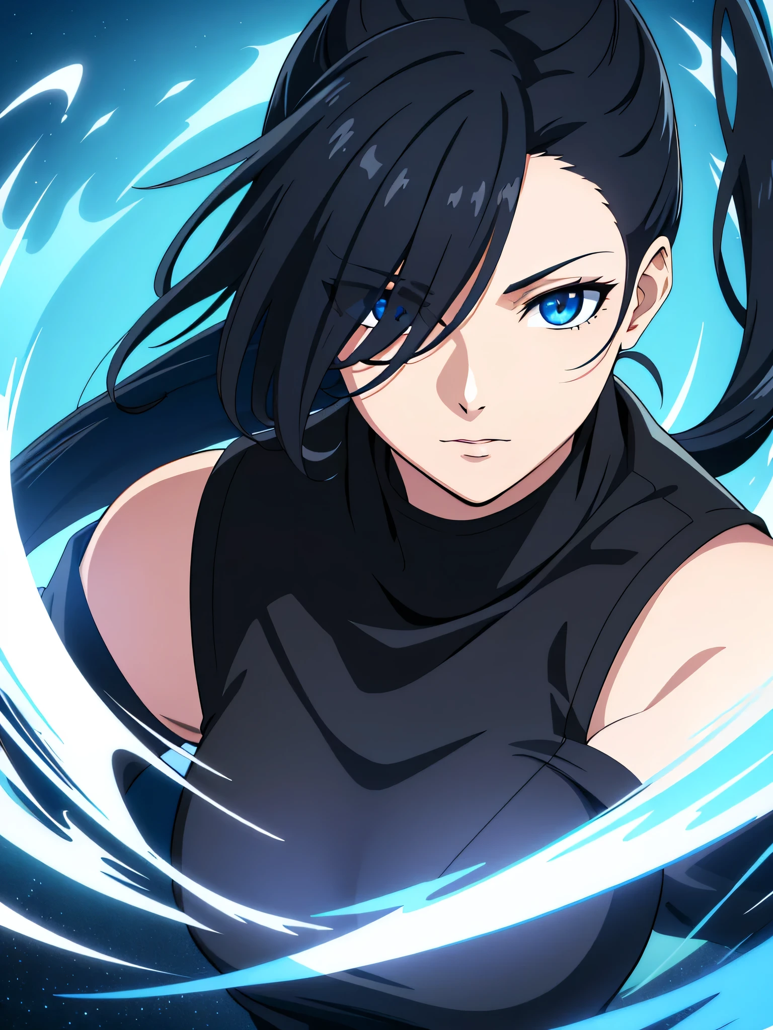 (best quality:1.5, highres, UHD, 4K, detailed eyes, detailed lighting, detailed hair, shaders), black hair, pony tail, hair covering one eye, sharp eyes, blue eyes, beautiful, ninja