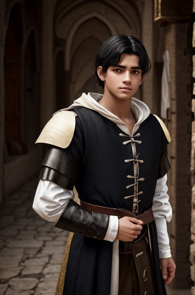 18 year old young man, medieval clothing, old clothes. black hair, black eyes, white skin, realistic skin, standing pose, portrait, realistic skin, 4k, beatifull face, short and straight hair