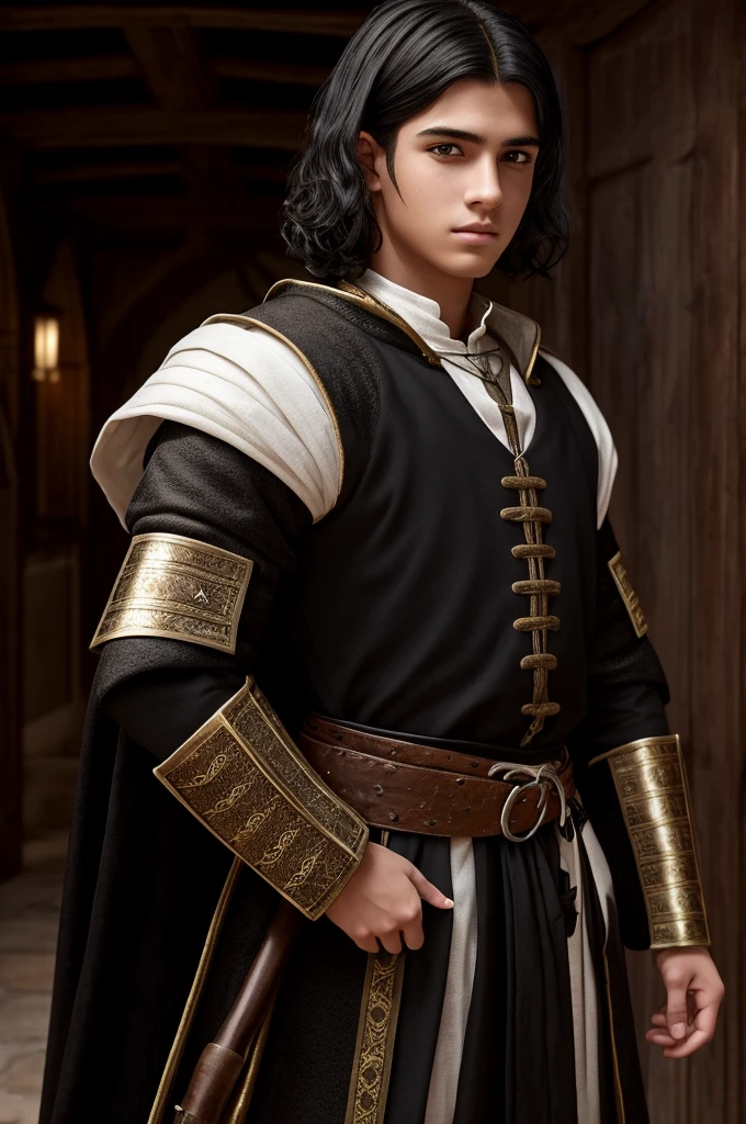 18 year old young man, medieval clothing, old clothes. black hair, black eyes, white skin, realistic skin, standing pose, portrait, realistic skin, 4k, beatifull face, short and straight hair