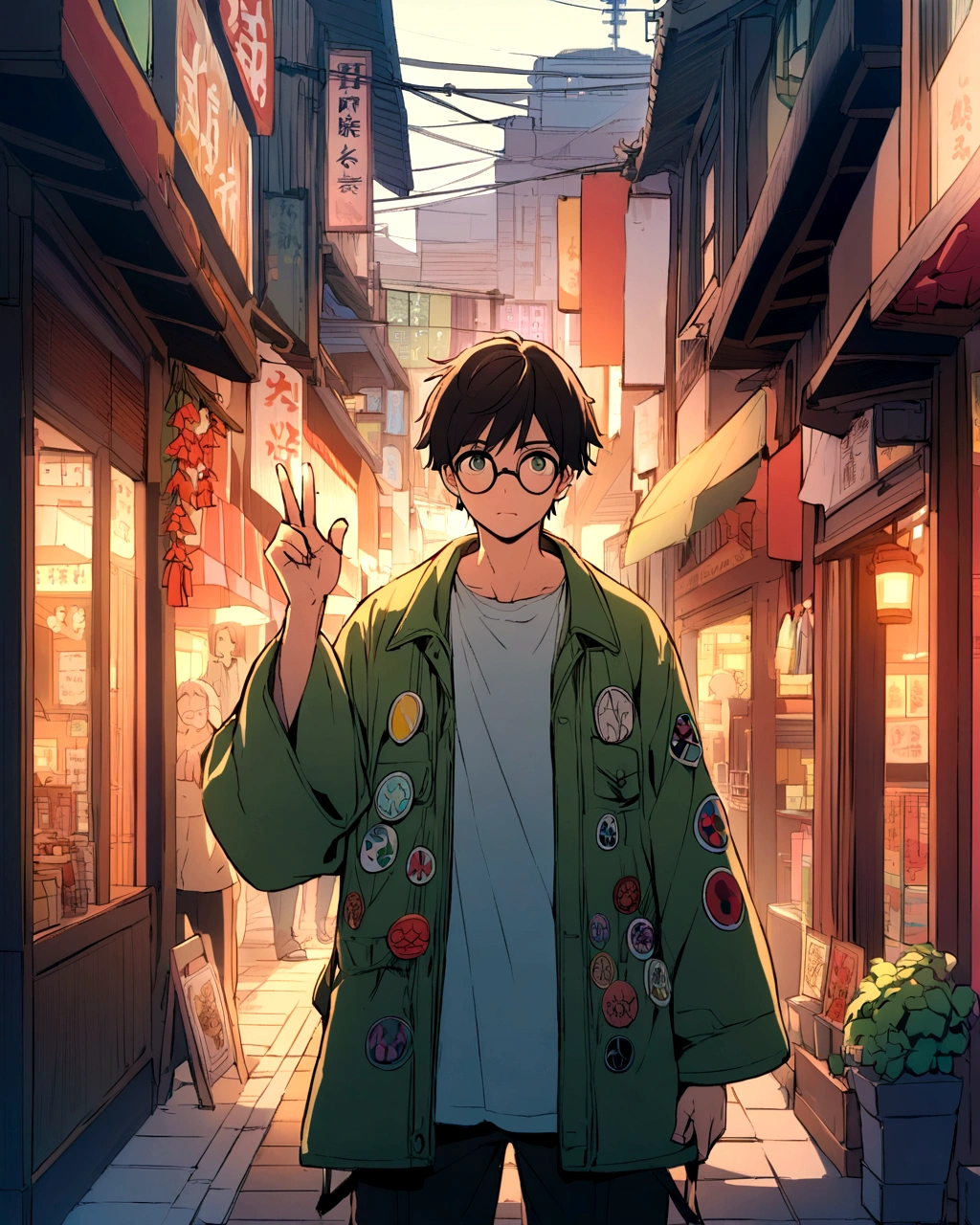 Create an anime-style illustration of a boy standing in a vibrant, bustling urban street. He has long, dark hair and wears round glasses. His outfit includes a green oversized jacket with various patches and a casual t-shirt underneath. The boy is holding up a peace sign with his right hand and has a calm, slightly neutral expression. The background should depict a lively street scene with various signs in Japanese, colorful storefronts, and a generally busy atmosphere. Ensure the colors are vivid and the overall mood of the scene is energetic and lively.