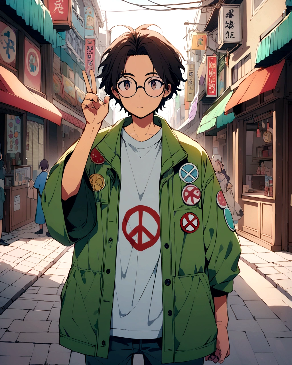 Create an anime-style illustration of a boy standing in a vibrant, bustling urban street. He has long, dark hair and wears round glasses. His outfit includes a green oversized jacket with various patches and a casual t-shirt underneath. The boy is holding up a peace sign with his right hand and has a calm, slightly neutral expression. The background should depict a lively street scene with various signs in Japanese, colorful storefronts, and a generally busy atmosphere. Ensure the colors are vivid and the overall mood of the scene is energetic and lively.