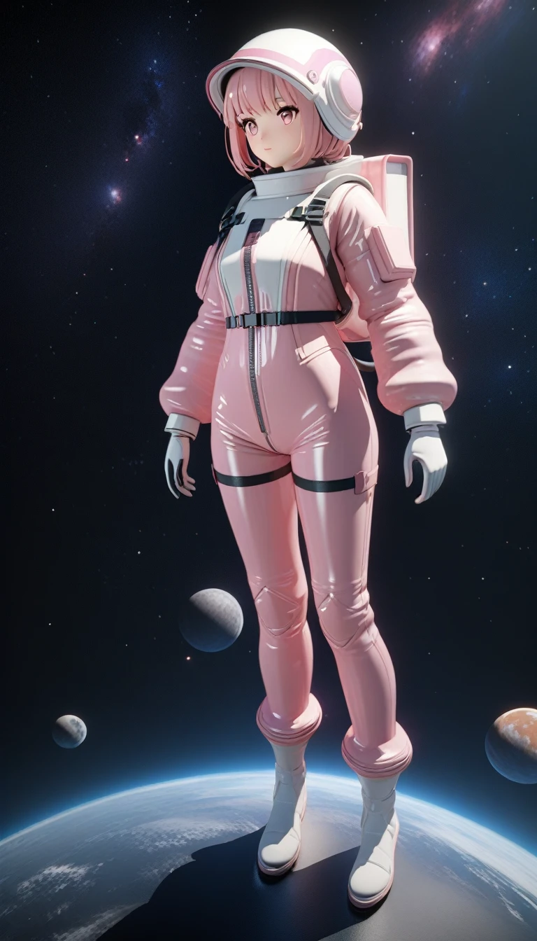 (Masterpiece:1.3),(the best quality:1.3),3D,8K,.1girl, solo, pink hair, pink eyes, helmet, full body, spacesuit, bodysuit, gloves, standing， Space background，