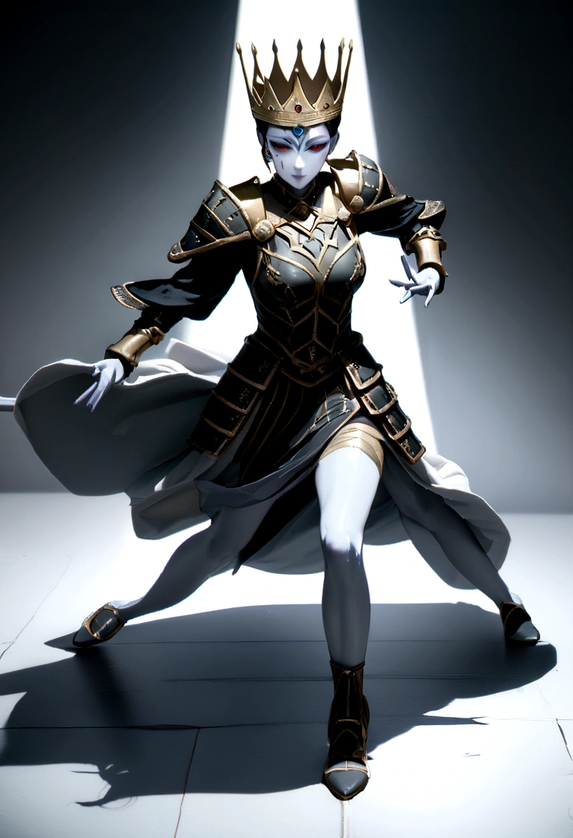 Highest quality、Masterpiece、Ultra-high resolution、(Reality:1.4)、Raw photo、(Thin legs)(Perfect figure)、Dynamic Pose、King with a golden crown、Body White、Fight with the last of your strength、In the background, white light covers the characters.、solo、Black Japanese Armor、White skin、Face tattoos、darkness、Deep Shadow、Low Key、Cold light 12000K