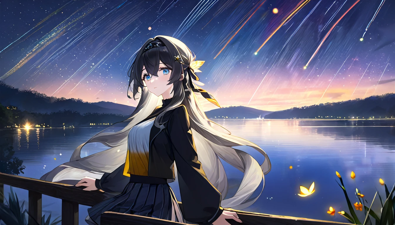 (best quality:1.3), (masterpiece:1.3), (illustration:1.3), (Extremely detailed:1.3), firefly \(Collapse: Star Trails\), 1 Girl, Solitary, Long hair, Bangs, skirt, Long sleeve, Hair accessories, Gray hair, Black hair band, Medium breasts, Hair between the eyes,Lakeside at night