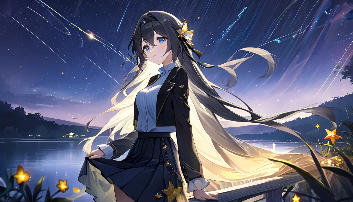 (best quality:1.3), (masterpiece:1.3), (illustration:1.3), (Extremely detailed:1.3), firefly \(Collapse: Star Trails\), 1 Girl, Solitary, Long hair, Bangs, skirt, Long sleeve, Hair accessories, Gray hair, Black hair band, Medium breasts, Hair between the eyes,Lakeside at night