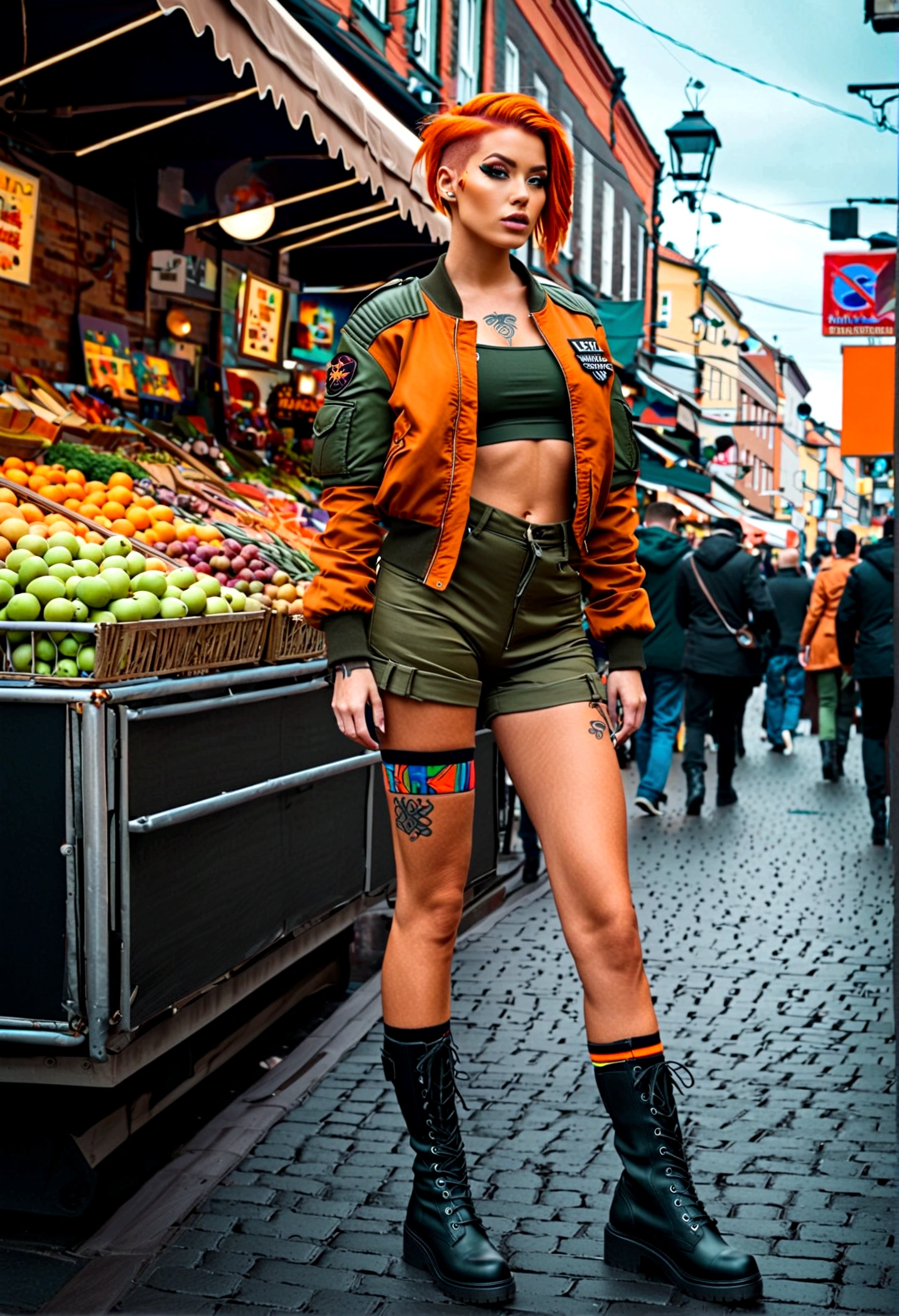 prompt: Ultra-realistic surrealism (RAW, simulation), action view of a fitted cyberpunk style scandinavia girl, with cyberpk orange hairstyle dressed in an army green tube top pastel brown bomber jacket, burnt orange cargo shorts, colorful spell tattoos on legs, cyber punk boots, in front of the camera, in a depicting the dreamy mystical dimensions of futuristic biographical street markets, full body view, absolutely luxurious surfaces, vibrant colors, representing in vray · · 