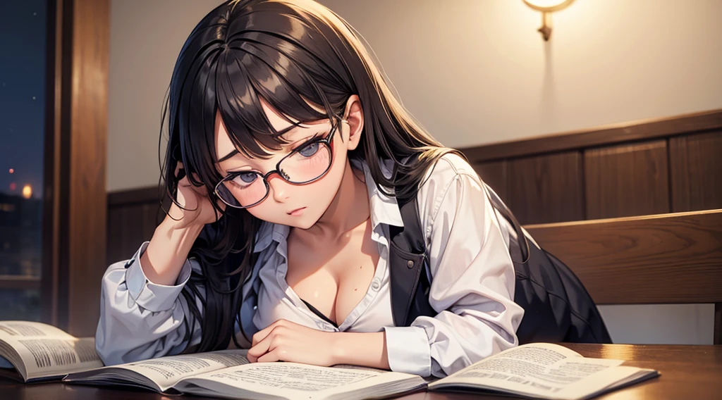 Falling asleep face down while studying at night、A cute girl wearing glasses that accentuate her breasts a little