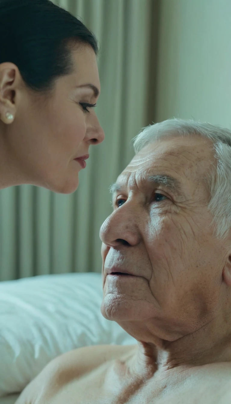 a elderly man 95 years old, naked, (shaved), inflated face, Chubby face, Men's short haircut in the Caesar style, He is kissing his wife on the mouth in bed in a moment of love, focus in faces, uhd, 4k, masterpierce, high resolution