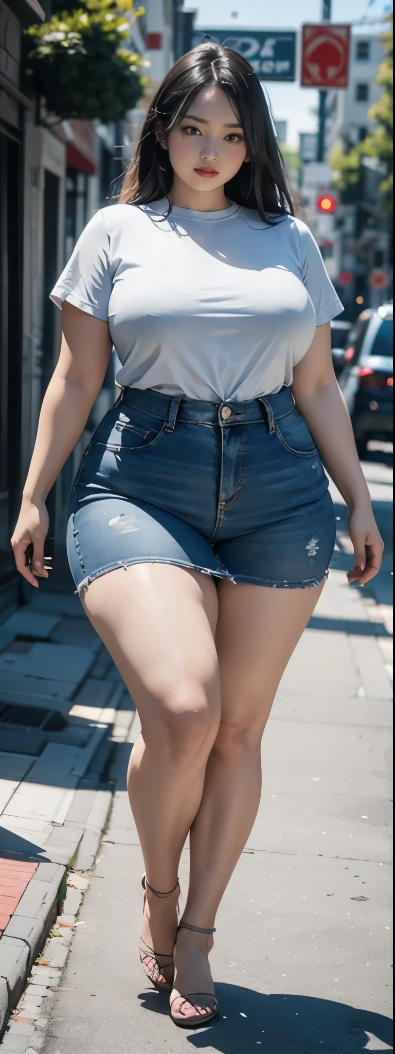 ((best quality)), ((masterpiece)), (detailed), malay woman, perfect face, araffe woman in a dark-blue shirt and blue denim skirt walking down a street, thicc, she has a jiggly fat round belly, bbwchan, wearing tight simple clothes, skinny waist and thick hips, widest hips, her belly is fat and round, soft curvy shape, hyperrealistic full figure, wearing a cute top, wide hips