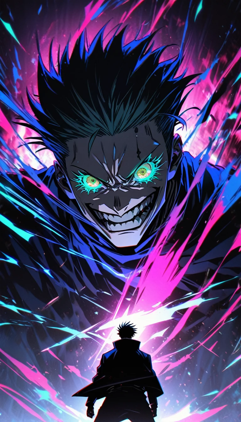 Satoru Gojo from Jujutsu Kaisen Anime, Ultradetailed sharp looks, attitude on face, High-resolution, Fluorescence, Dynamic background --ar 9:16 --s 1000