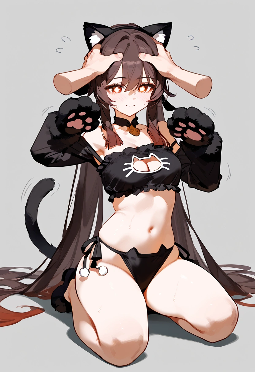 anime artwork, score_9, score_8_up, score_7_up, score_6_up, score_5_up, score_4_up, hu tao, she is 24 years old, style_3, gray background, , , , , _, fake cat ears,, smile, solo, cat lingerie, paw gloves,one disembodied hand on her head, headpat , nervous sweating , motion lines, on knees, cat tail