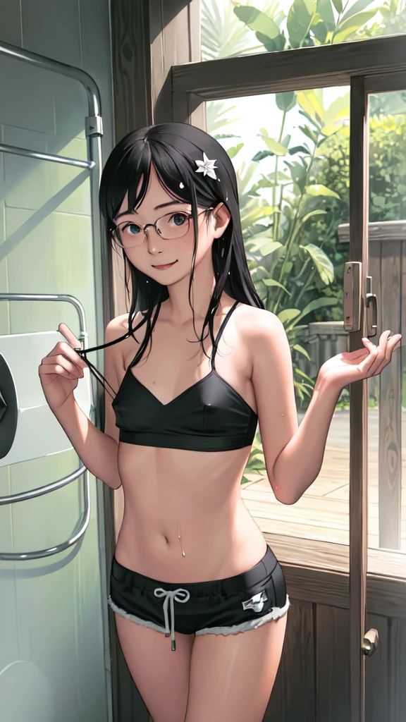 masterpiece, Highest quality,multiple 、 hair ornaments, eye, smile, short hair, Shorts, Long Hair,View your viewers, hug, shirt、Nipples、((Black Swimsuit))((The body is slim))、Bikini pants、Show me your ass、Glasses、room((Fainting Girl))Small breasts((naked))(())((I take a shower))