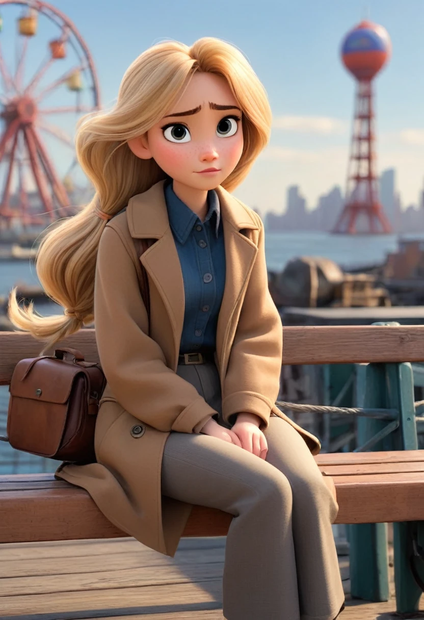 (disney pixar style:1.2) (cute adorable girl:1.15) (adult age 20:1.15) A blonde haired in a long ponytail sits on a wooden bench and stares into the distance. His outfit consists of a long brown coat, a blue collared shirt, and a brown suitcase hanging under his arm. The background features a Ferris wheel and a pier, with the New York skyline looming in the distance.  (extreme far shot, full body, zoomed out:1.1)