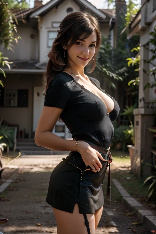 22 years old, (milf:1.0), cute breast, beautiful breasts,black suspenders,(Bulging ,small breasts:1.3),(long Black miniskirt:1.3),garters,Gaze,Small face,bangss,holster,gun Belt Armament holder,Beautuful Women, thin waist, big ass:1.0, Raised sexy, (dark bronde mediumlong hair,side ponytail,hair between eyes,bangs, dark blue eyes, light smile, Revimpling fabric, earrings, Hand gloves, detailed face,detailed and beautiful eyes,beautiful detailed lips,(ultra high resolution, 8K RAW photo, photo realistics, thin outline:1.3, clear focus), best qualtiy, natural lighting, textile shading, field depth (Bright pupils, fine detailed beautiful eyes with highlight:1.3, high detailed face), Red lip, fine realistic skins:1.1, looking down viewers:1.3, (dynamic angle:1.3, front view:0.8, breast focus:1.3, from below:1.2), (dynamic posing:1.5, sexy posing:1.2, leaning forward),Youghal, side lock, hair ornaments, hair band,nice,garden background,artistic rendering,Super detailed,(highest quality,(with sparkling eyes and a contagious smile),her thin pubic hair, looking at viewer,