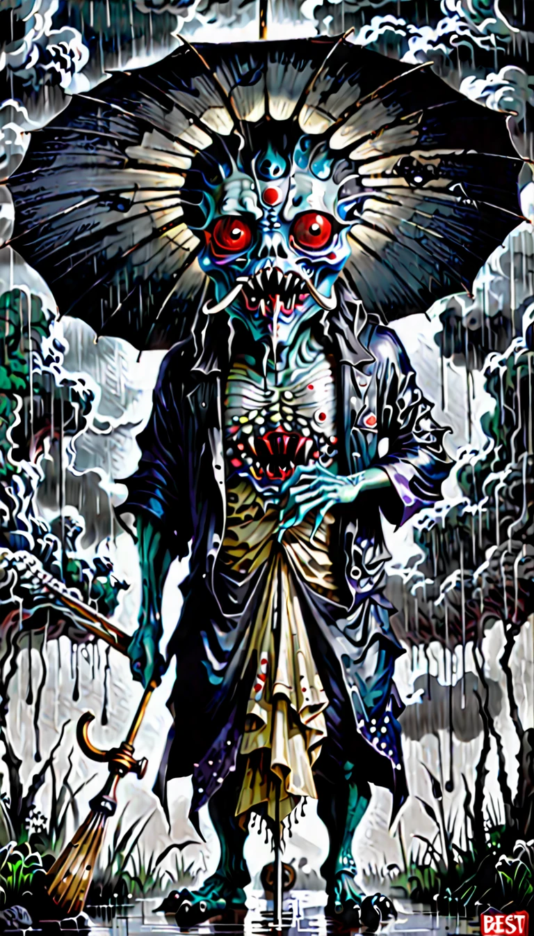 Ultra-detailed, master piece, (best quality:1.5), (high resolution:1.5), (midnight: 1.5), Edo period, (Creepy monster with umbrella:1.5), youkai, Japan, (Super Scary: 1.5), Japanese Horror, Hyper Realistic, Ominous Atmosphere, Realistic