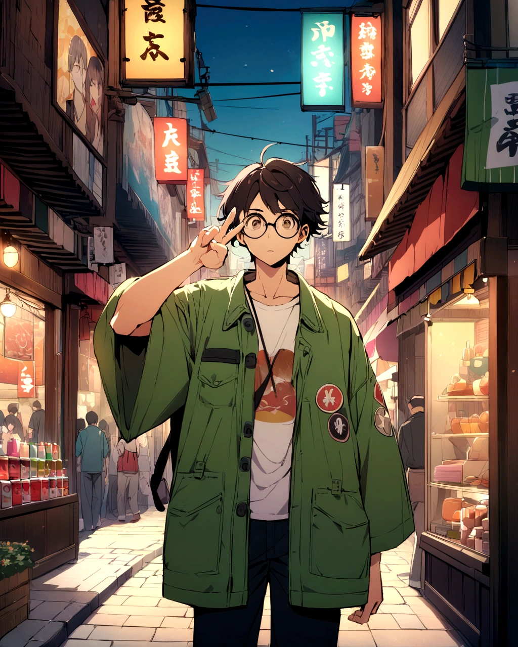 Create an anime-style illustration of a boy standing in a vibrant, bustling urban street. He has long, dark hair and wears round glasses. His outfit includes a green oversized jacket with various patches and a casual t-shirt underneath. The boy is holding up a peace sign with his right hand and has a calm, slightly neutral expression. The background should depict a lively street scene with various signs in Japanese, colorful storefronts, and a generally busy atmosphere. Ensure the colors are vivid and the overall mood of the scene is energetic and lively.