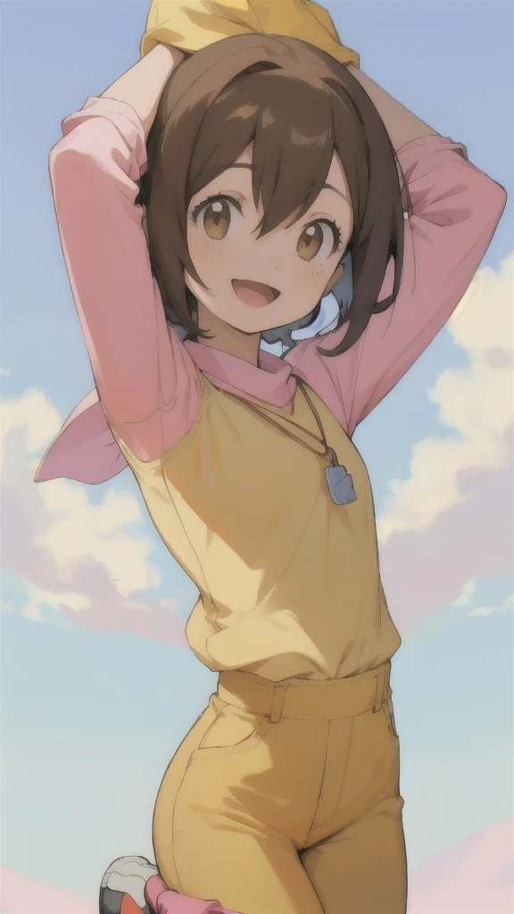 Top quality, masterpiece, high resolution, details, Top quality, masterpiece, high resolution, details, perfect anat○my, (cute girl), smiling, arms behind her back, HikariDigi, open mouth, yellow sleveless shirt, pink pants, rubber boots, shoes, sky, solo,Background is blue sky, upper body、ergartener, small breasts