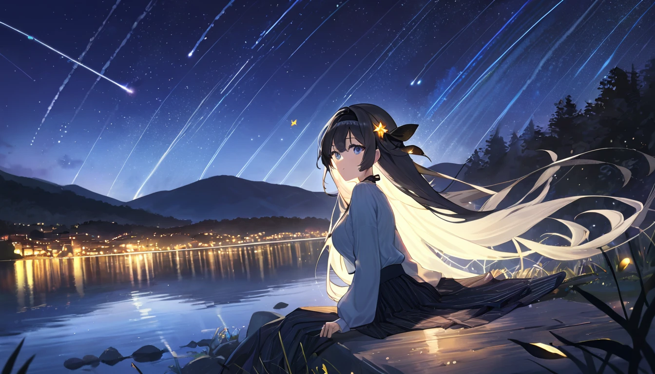 (best quality:1.3), (masterpiece:1.3), (illustration:1.3), (Extremely detailed:1.3), firefly \(Collapse: Star Trails\), 1 Girl, Solitary, Long hair,  Bangs, skirt, Long sleeve, Hair accessories, Gray hair, Black hair band, Medium breasts, Hair between the eyes，Lakeside at night，The right lighting