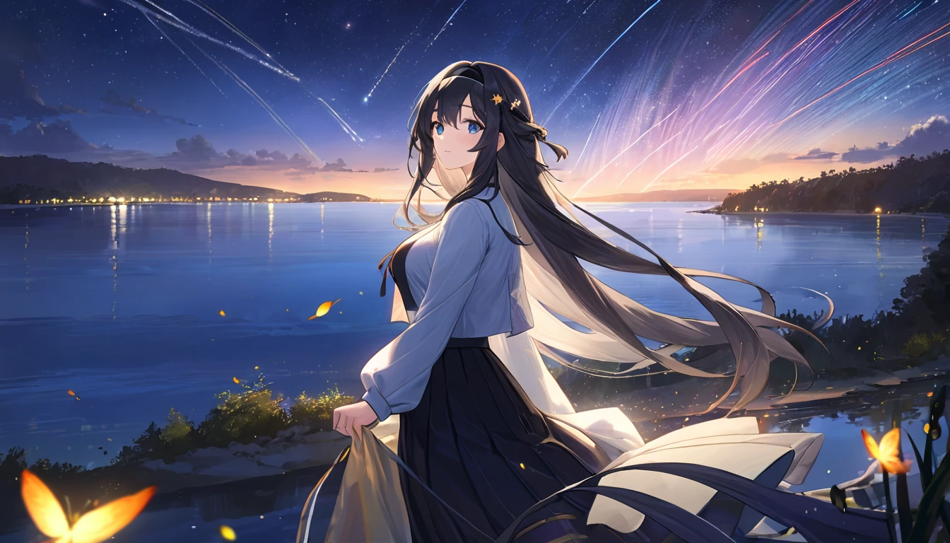(best quality:1.3), (masterpiece:1.3), (illustration:1.3), (Extremely detailed:1.3), firefly \(Collapse: Star Trails\), 1 Girl, Solitary, Long hair, Bangs, skirt, Long sleeve, Hair accessories, Gray hair, Black hair band, Medium breasts, Hair between the eyes,Lakeside at night,The right lighting