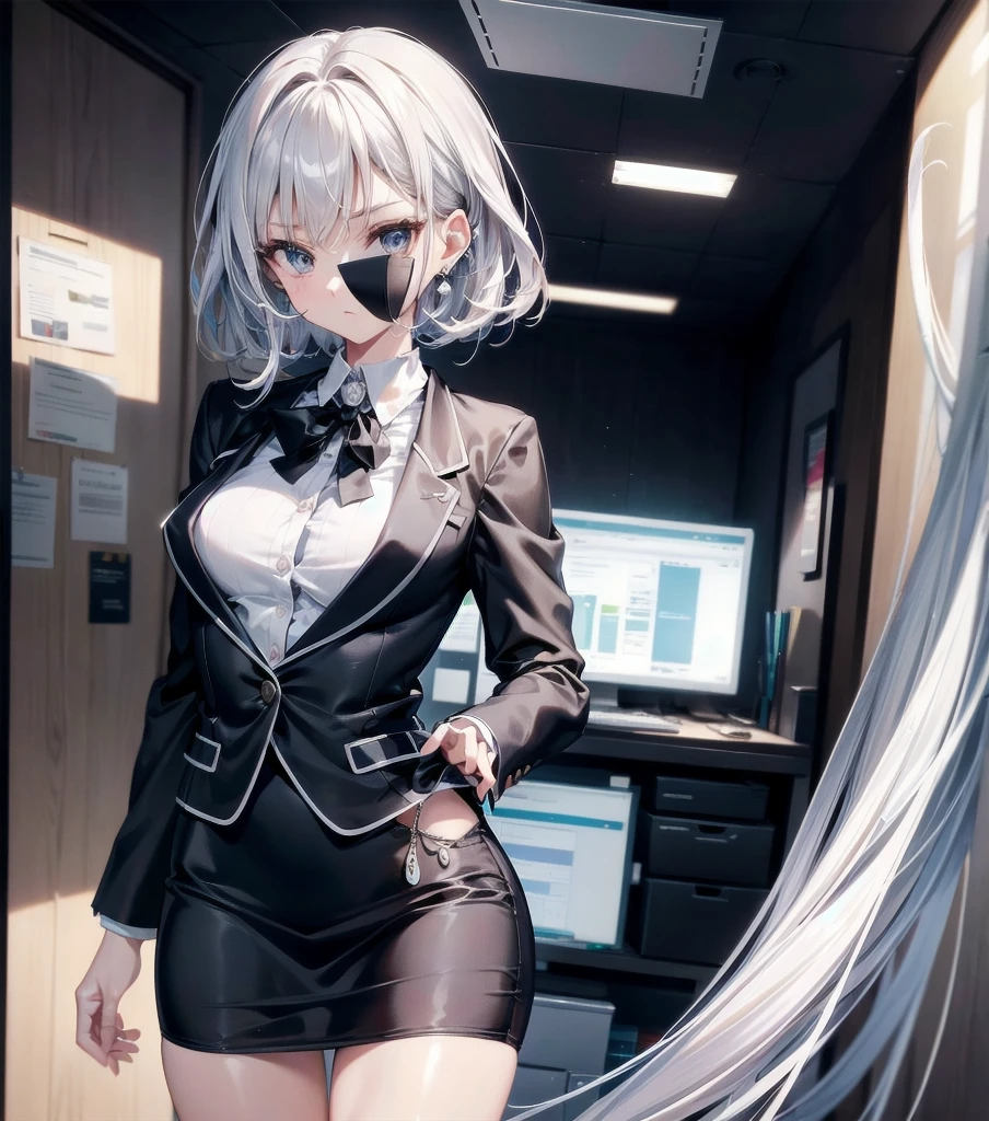 absurdres, RAW photo, extremely delicate and beautiful, masterpiece, Best Quality, ultra high resolution, 32k, hyperrealistic, ultra-detailed, ((perfect anatomy)), super Detailed skin, perfect figure, Very detailed CG 8k wallpaper, in her 20s, very Slim body, narrow waist, very small head, very small face, delicate facial features, tearful mole, earring, thin legs, medium breasts, whole body shot, shorter middle hair, wavy hair, ((office lady suit)), blouse, blazer, skirt, ((in office)),