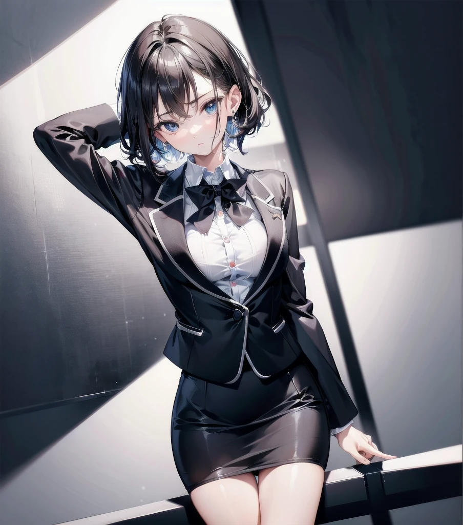 RAW photo, extremely delicate and beautiful, masterpiece, Best Quality, ultra high resolution, 16k, photorealistic, ultra detailed description, pale skin, in her 20s, whole body, medium tits, medium hair, black hair, tearful mole, earring, business suit, pencil skirt, blazer, dress shirt, tie,