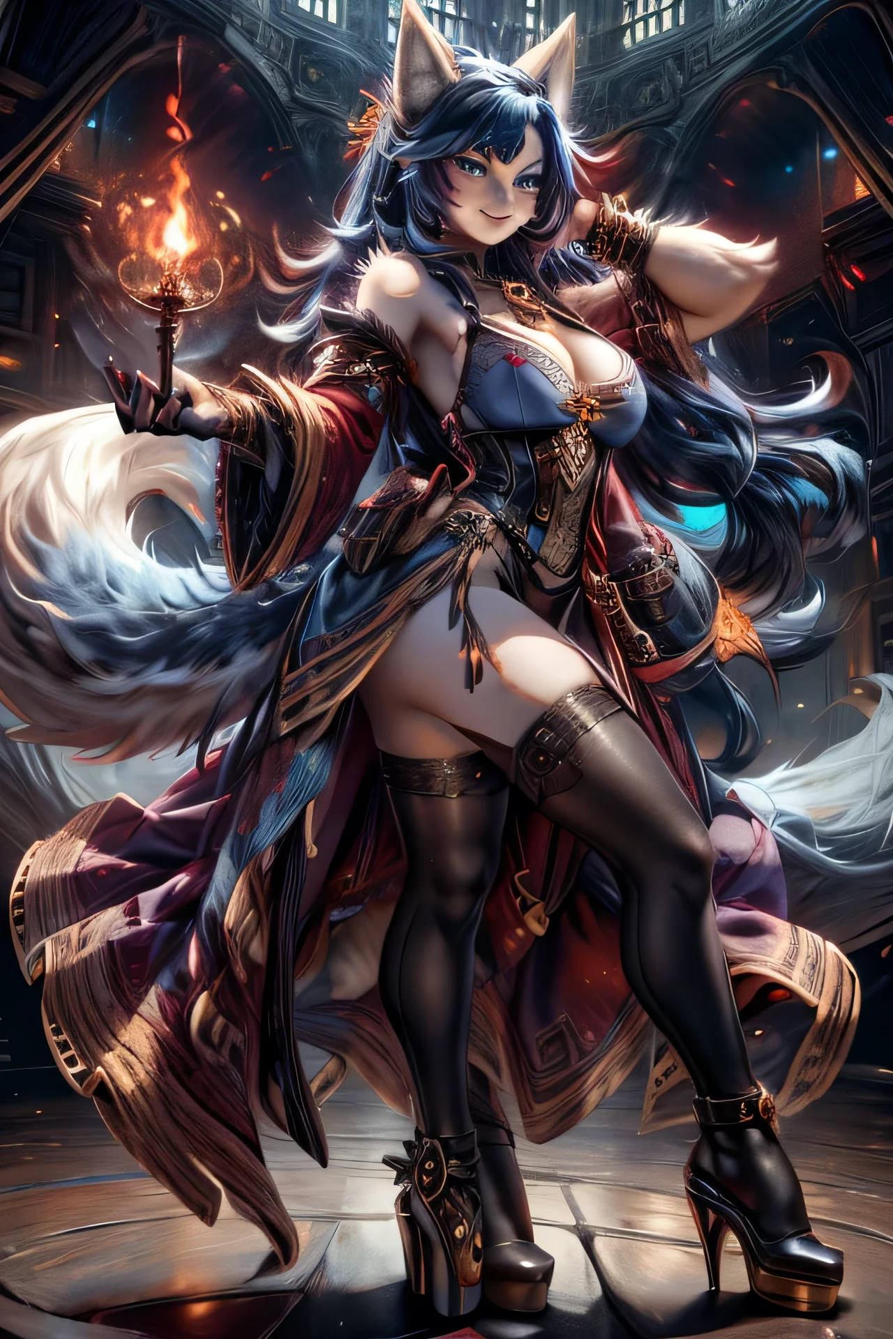 woman, hairy woman, wolf woman, full body portrait, full fur, magic fur, full tail, big tail, magic tail, magic hair, long hair, bushy hair, hair, hair with a brooch ;gear), almond shaped eyes , blue eyes, shy smile, charming face, red cheek, long dress (dark blue color in steampunk style), worn tights, black tights, heeled shoe, steampunk shoe, fantasy landscape