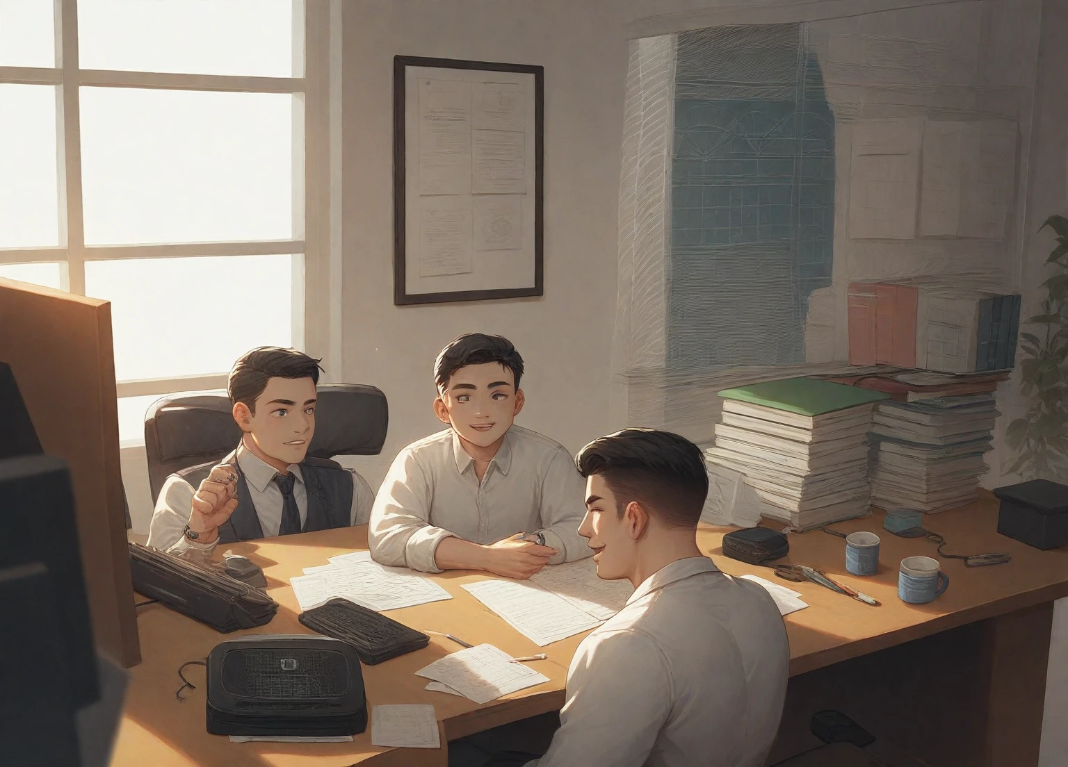 In 1949,China,Shanghai,Radio Station Office,Dim light,(The desk is filled with telegraph machines)。Several employees are working hard,One of the middle-aged men,30 years old,Wearing an old-style Zhongshan suit,The expression is firm,We are discussing with employees how to respond to the government's orders,((They were surrounded by radio equipment.)),In the background you can see some circuit diagrams on the wall。high detail, cinematic lighting, film grain, god rays, anatomically correct, high quality