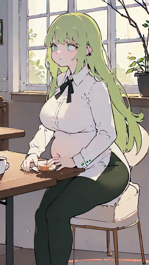 (flat:1.5),(cafe, window, sunlight, table, chair, sedentary:1.5) (BIG ASS, thick thighs:0.7), (warm light source:1.2), intricate details, volumetric lighting, Realism BREAK(masterpiece:1.2), (top quality), 4K, ultra detail, (Dynamic configuration:1.4), Very detailed and colorful details,(rainbow colors:1.2), (shining lights, atmospheric lighting), dreamy, magical, (alone:1.2), intricate details, cheeky expression, (big breasts:1.5), (green eyes:1.5), (a devastated expression, dead eyes, dark atmosphere:1.5), (Green long hair:1.5), (Black leggings, dress shirt:1.5), (chubby, Belly Fat:1.1), (beautiful eyes, flushing:1.5),(human ear,thin legs:1.5),(chair에 sedentary, diagonal shot:1.5), (embarrassing:1.5),(diagonal shot:1.5)