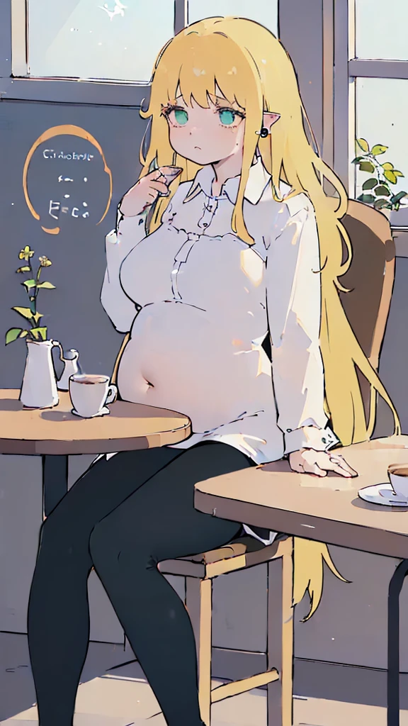 (flat:1.5),(cafe, window, sunlight, table, chair, sedentary:1.5) (BIG ASS, thick thighs:0.7), (warm light source:1.2), intricate details, volumetric lighting, Realism BREAK(masterpiece:1.2), (top quality), 4K, ultra detail, (Dynamic configuration:1.4), Very detailed and colorful details,(rainbow colors:1.2), (shining lights, atmospheric lighting), dreamy, magical, (alone:1.2), intricate details, cheeky expression, (big breasts:1.5), (green eyes:1.5), (a devastated expression, dead eyes, dark atmosphere:1.5), (Green long hair:1.5), (Black leggings, dress shirt:1.5), (chubby, Belly Fat:1.1), (beautiful eyes, flushing:1.5),(human ear,thin legs:1.5),(chair에 sedentary, diagonal shot:1.5), (embarrassing:1.5),(diagonal shot:1.5)
