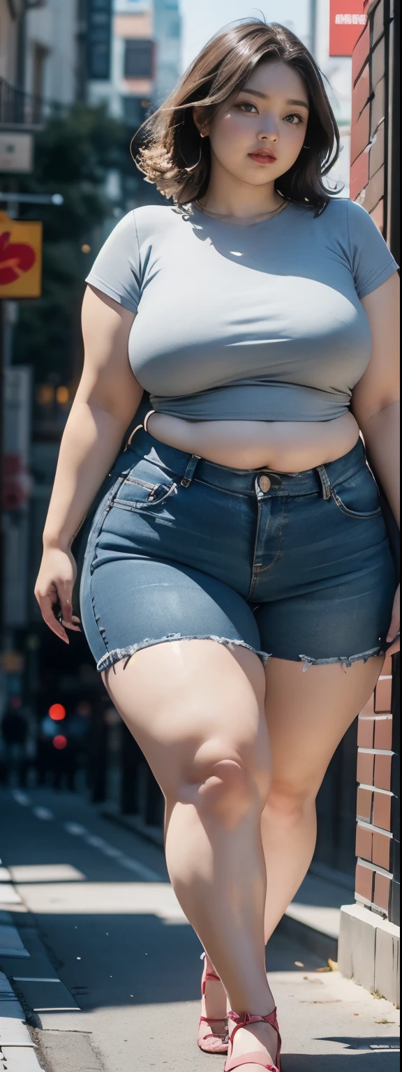 ((best quality)), ((masterpiece)), (detailed), malay woman, perfect face, araffe woman in a dark-blue shirt and blue denim skirt walking down a street, thicc, she has a jiggly fat round belly, bbwchan, wearing tight simple clothes, skinny waist and thick hips, widest hips, her belly is fat and round, soft curvy shape, hyperrealistic full figure, wearing a cute top, wide hips