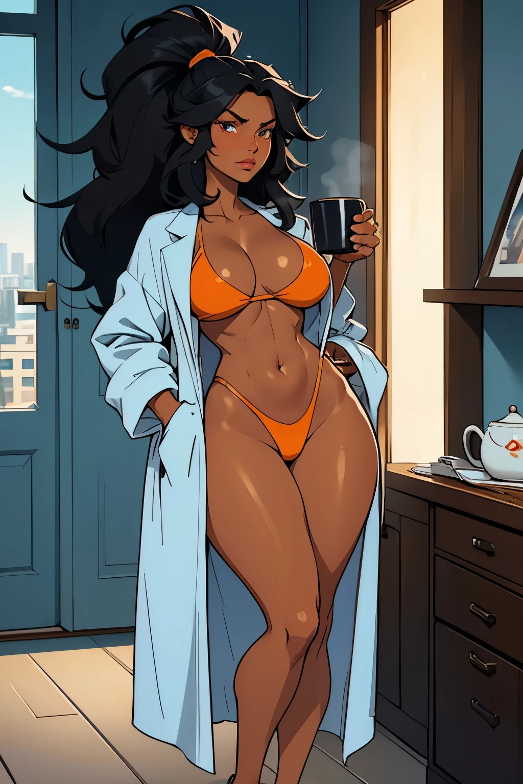 a ((tan skinned woman)) . She wears a light blue house coat, slippers. (((Tanned))), 1woman , curvy, slim waist. ((black hair)), long hair, messy hair, brown eyes. (detailed eyes, detailed face), red lips. Square jaw, high cheekbones, strong jaw line. emphasize her moopy expression as if she has not slept in days, tired and depressed, holding a coffee mug, penthouse background