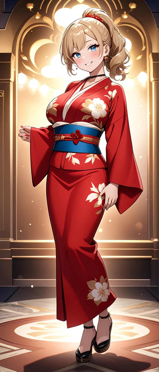 ((One personの女性)), Beautiful Face, White skin, (seductive smile:1.4), (naughty face:1.2), ((Wink:1.9)), ((head tilt:1.6)), Laughing with your mouth open, upper teeth, ((full-face blush:1.5)), looking at viewer, Glossy Red Lips, (Shining Face), ((anime colored)), ((Anime style background)) , night, Observatory, Festival decorations, firework, ,masterpiece, Highest quality, so beautiful,up to date, Complex details, (Pink long nails),(ring),(bracelet),(choker),AI-generated, Complex,High resolution, Highest quality, super high quality,3D Images、3D Images, (full body:1.3), One person,Long blonde hair,ponytail, wavy hair ,写真のポーズをとるAnime Women, ((Fine grain、Eyes with little blue pigment、Shining Eyes:1.3)), (Squint your eyes:1.1),a hyperRealistic , hyperRealistic , Realistic,Anime Women, Smooth anime CG art, ((A woman in a gorgeous kimono embroidered with gold)), ((Red long sleeve kimono:1.4)),((white floral pattern:1.3)), Long flower hair ornament,Earrings,Mature Body,(Big Breasts:1.1),Tall,Abdominal muscles,Tight waist,(face focus:1.3), ((front view)),
