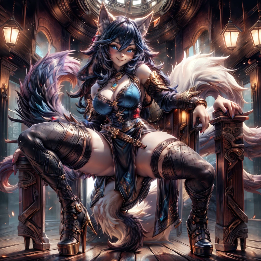 woman, hairy woman, wolf woman, full body portrait, full fur, magic fur, full tail, big tail, magic tail, magic hair, long hair, bushy hair, hair, hair with a brooch ;gear), almond shaped eyes , blue eyes, shy smile, charming face, red cheek, long dress (dark blue color in steampunk style), worn tights, black tights, heeled shoe, steampunk shoe, fantasy landscape