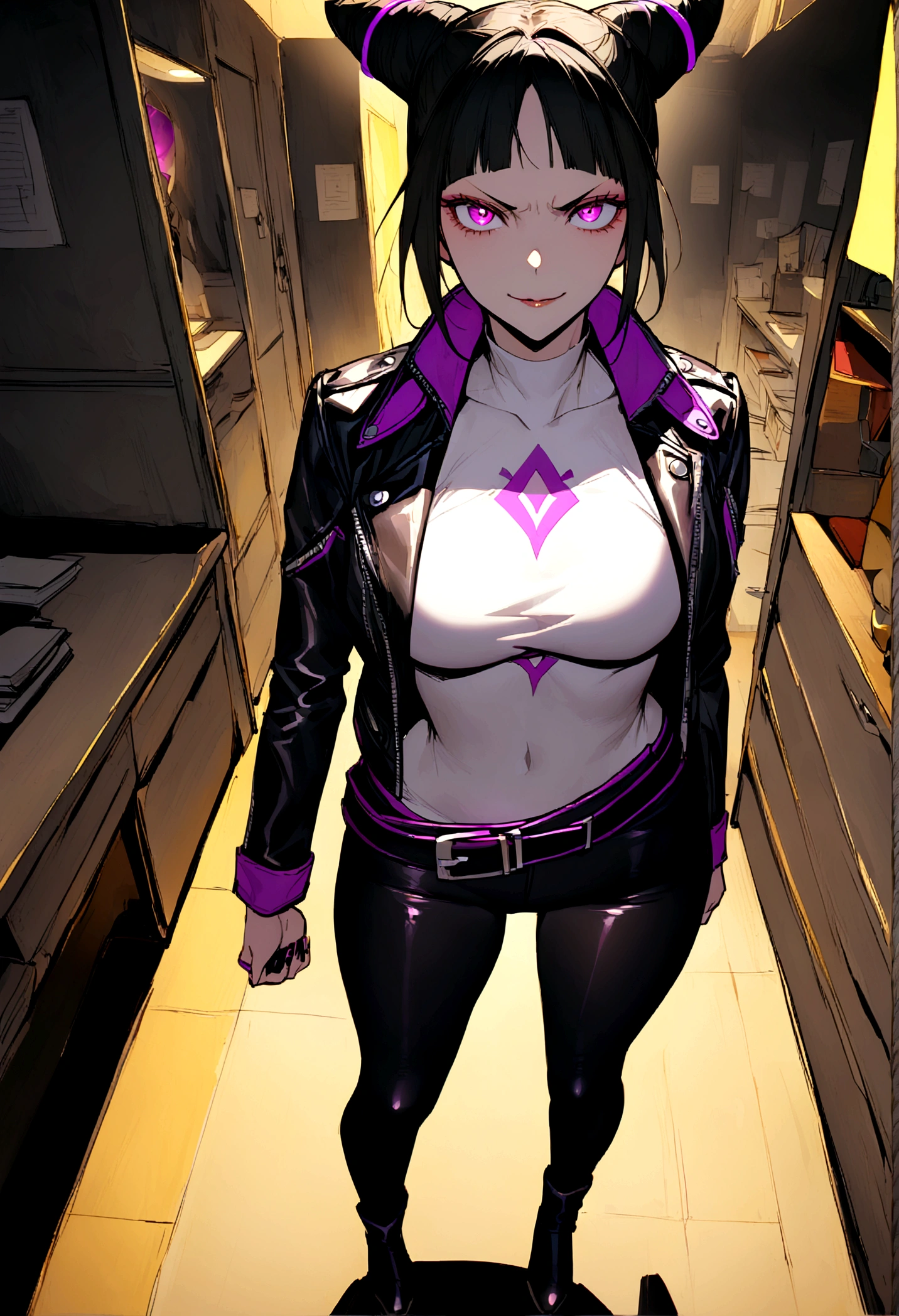 juri han,de back to the spectator,beautiful young warrior , with a very detailed and beautiful face, beautifuleyes, beautifuleyes, gorgeous face, glowing purple eyes,beautiful young woman wearing long black leggings with black details, usando leather jacket preta, Standing in an office, wearing black boots, horn hair, with black fringe, , evil smile ,white sweater with strap around, serious look,usando leather jacket preto, leather jacket,back to the spectator,yellow lighting, evil smile,leggings
