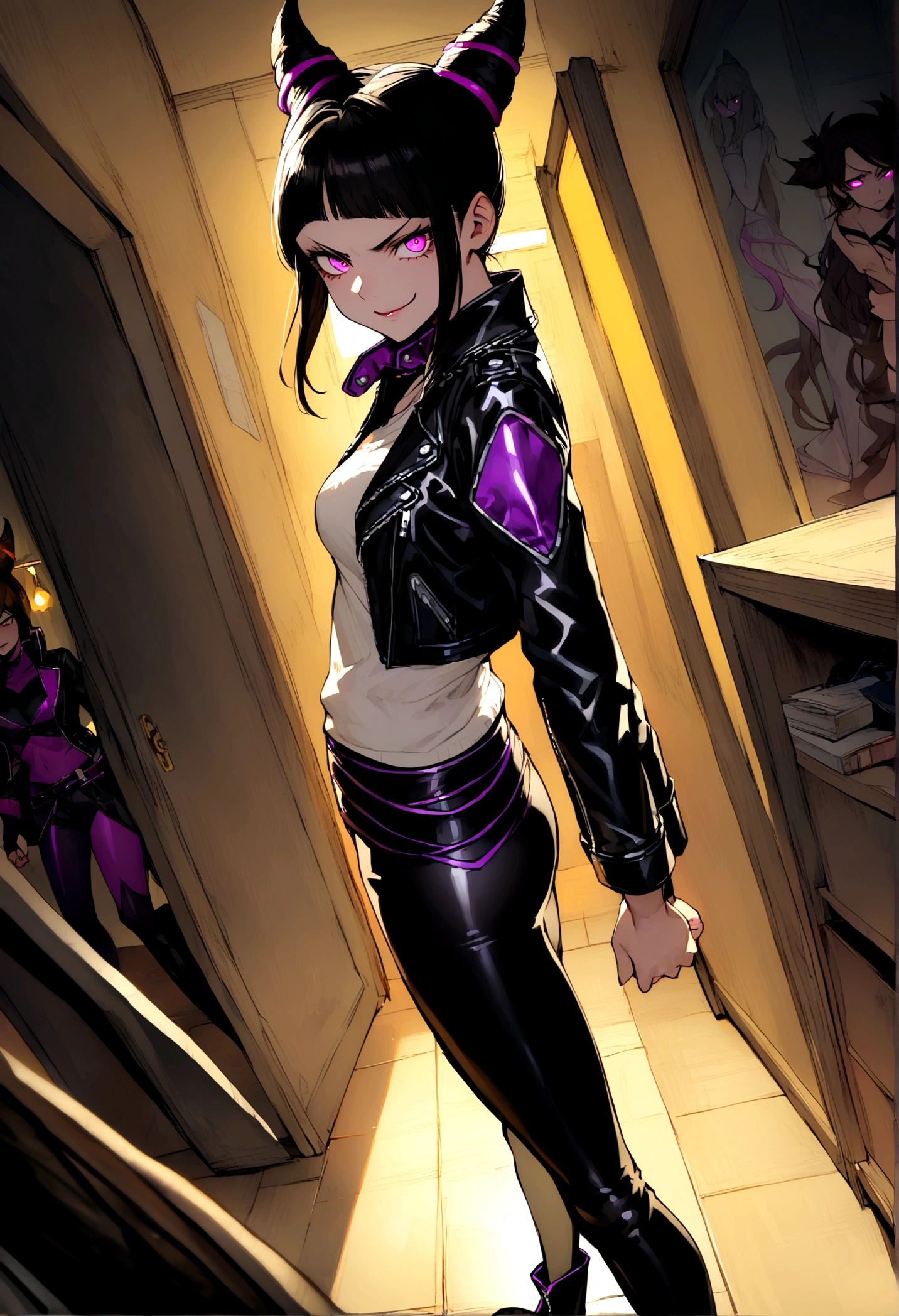 juri han,de back to the spectator,beautiful young warrior , with a very detailed and beautiful face, beautifuleyes, beautifuleyes, gorgeous face, glowing purple eyes,beautiful young woman wearing long black leggings with black details, usando leather jacket preta, Standing in an office, wearing black boots, horn hair, with black fringe, , evil smile ,white sweater with strap around, serious look,usando leather jacket preto, leather jacket,back to the spectator,yellow lighting, evil smile,leggings
